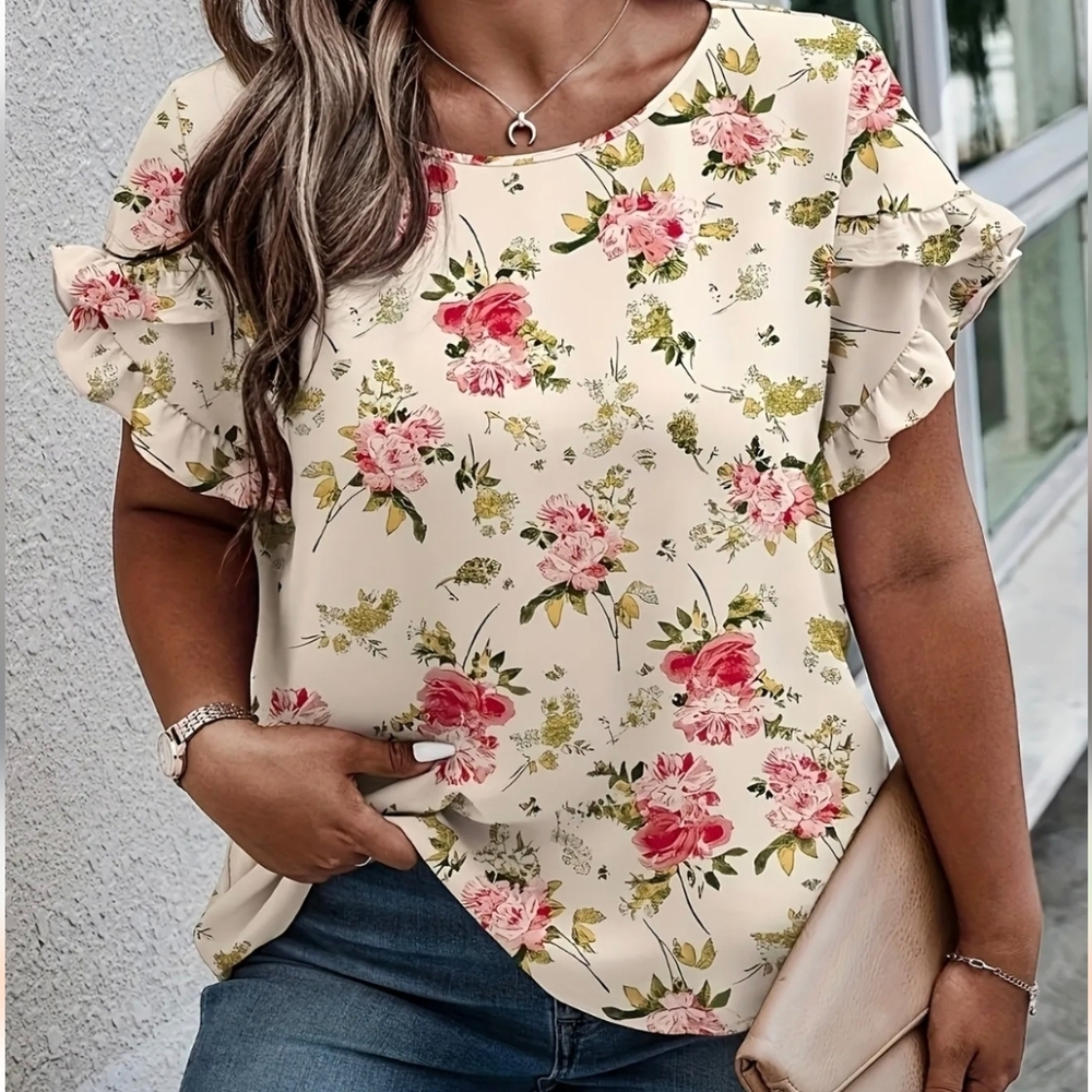 NEW Floral Ruffle Sleeve Top - Cream and Pink